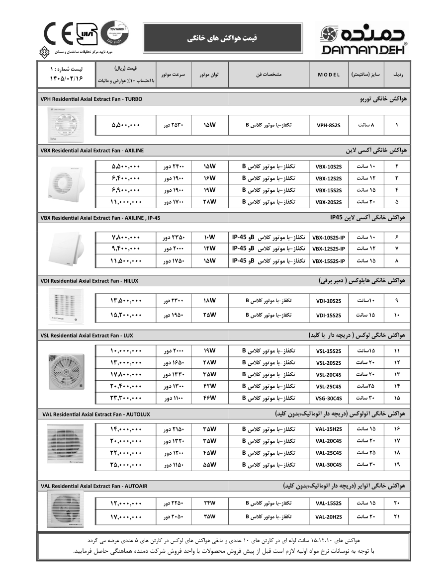 لیست قیمت هواکش خانگی دمنده اردیبهشت 1405